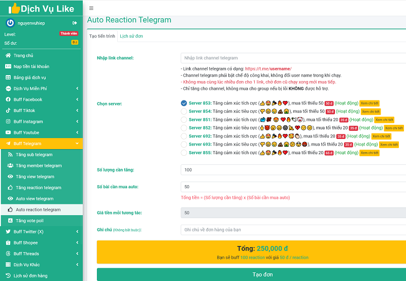 Dịch vụ auto reaction Telegram, tăng cảm xúc bài viết telegram tự động