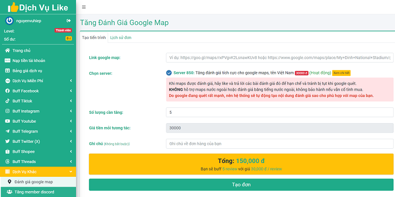 Hướng dẫn mua đánh giá Google maps tại Dichvulike.com